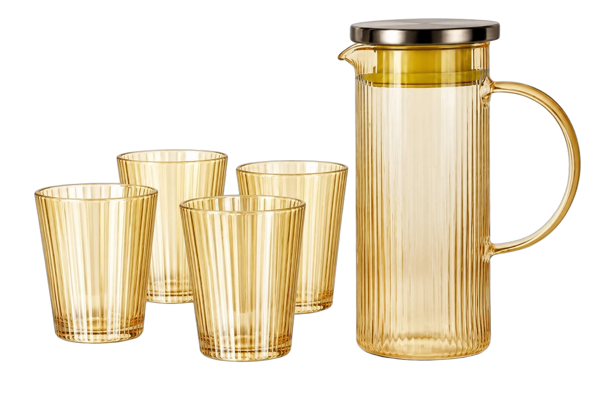 Amber Ribbed Glass Water Jug Set