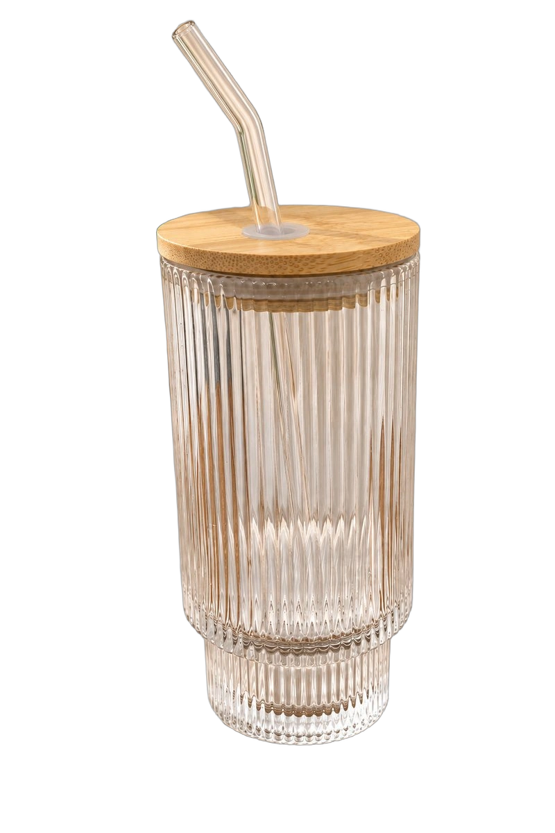 Ribbed Glass Cup with Bamboo Lid